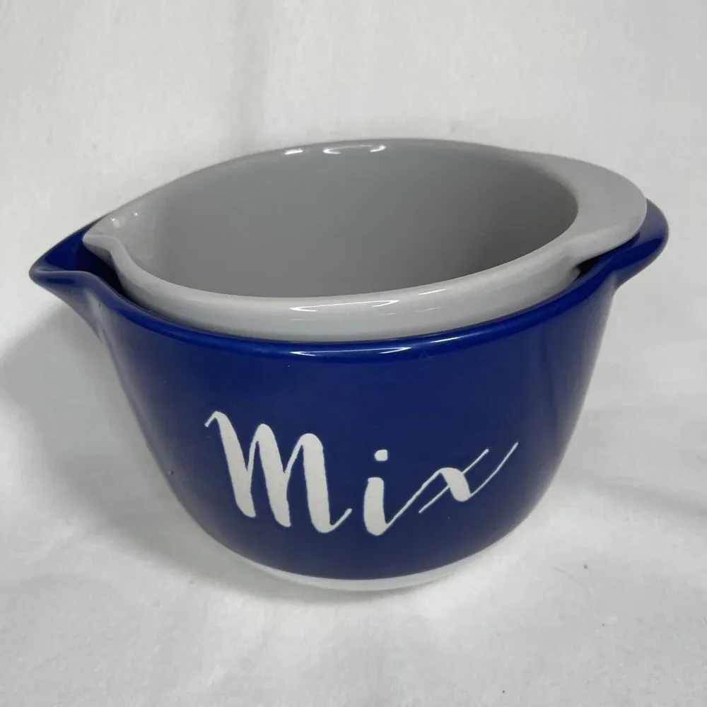 Symphony Stoneware Nesting Mixing Bowls Pottery Set 2 Blue/ White, Tan/ White